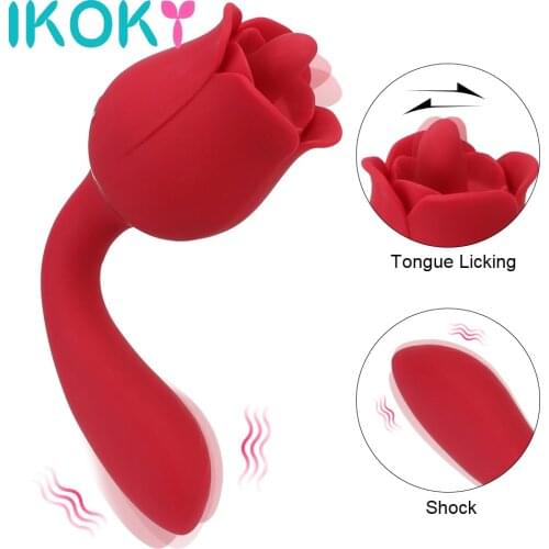 IKOKY Rose Shape 2 in 1 Oral Tongue Licking Vibrator Vibrating Dildo Dual Head Nipple Vagina Massager Clitoris Stimulation