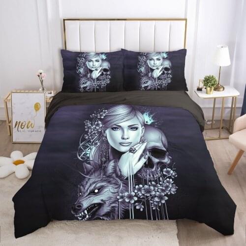 Skull Woman lady Duvet cover set 240x220 200x200 Bedding set Twin Queen King Double Bed linens Quilt cover Bedclothes wolf