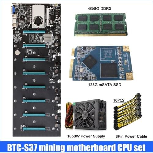 A Set BTC-S37 Mining miner Rig Motherboard 8 Graphics Card Slots + 1850W PSU+ 4G/8G DDR3 + 8Pin Power Cable + 128G mSATA SSD