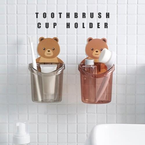 Wall Mounted Cartoon Toothbrush Cup Holder Adhesive Clear Drain Toothpaste Storage Box Organizer