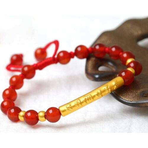 Genuine 24K Yellow Gold Six-Letter Sutra Tube with Red Agate Beads Bracelet Length from 5" to 15" For Lady
