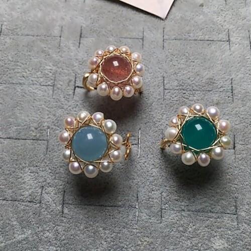 Natural Stone Amazonite Blue Quartz Crystal Finger Rings for Women Open Cuff Natural Freshwater Pearl Rings Wedding Bands Rings