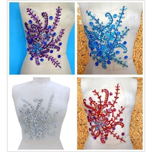 Handmade colour Hot drilling Rhinestone pearl lace embroidery patch applique wedding dress bordados DIY Performance clothing