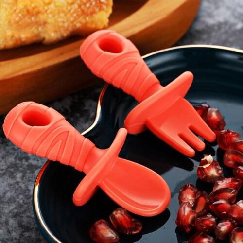 Silicone Non-slip Baby Training Tableware Cutlery Short Fork Spoon Solid Food Self Feeding For Kids Children Creative Gift