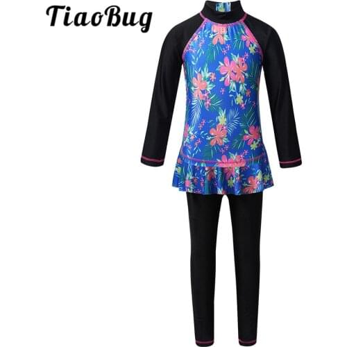 TiaoBug Kids Girls Floral Printed Long Sleeves Swimming Top with Pantskirt Set Swimsuit Swimwear Bathing Suit Wetsuit Rash Guard