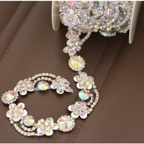 Top-Grade Crystal AB Tassel Glass Wide Rhinestone Cup Chain Silver Base Trim Applique Sew on Rhinestones For Dance Dress