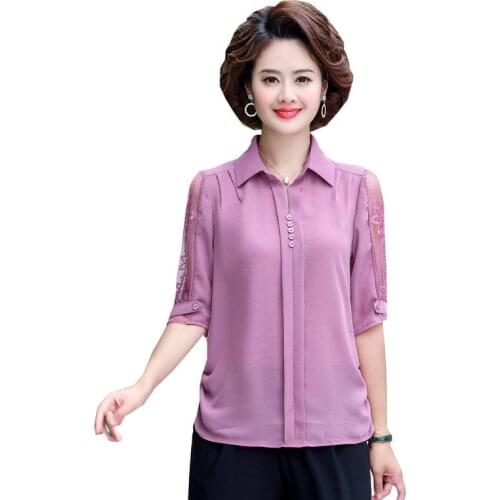 Plus Size Women Spring Summer Style Chiffon Blouses Shirts Lady Casual Short Sleeve Turn-down Collar Blusas Tops ZZ0695