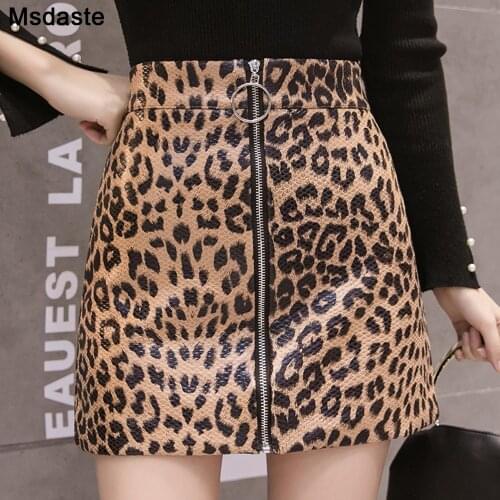 Women Mini Skirts PU Faux Leather Skirt Sexy Club Wear Zipper Short Pencil Skirt Lady Skinny New High Waist Leopard Print Skirts