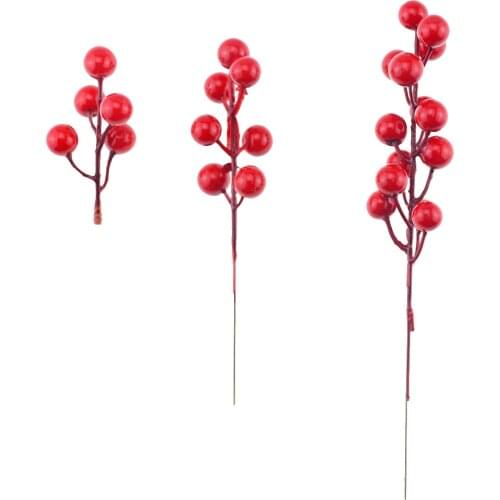 1Branche Flower Branch with 4 7 14 pcs Simulation Red Berry Christmas Holiday Decorations Home Decor DIY Accessories
