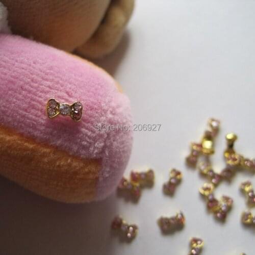 MD-72 10pcs Fancy Mini Light Pink Rhinestone Gold Bow Metal Charms Metal Deco Charms Nail Art