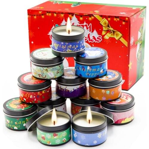12PCS Christmas Themed Scented Candle Set Natural Soy Wax Aromatherapy Tin Candle Jar Home Relieve Stress Candle