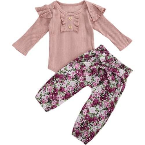 3PCS Baby Girls Clothes Solid Color Long Sleeve Jumpsuit and Stripe Floral Long Pants With Headband Autumn Outfit