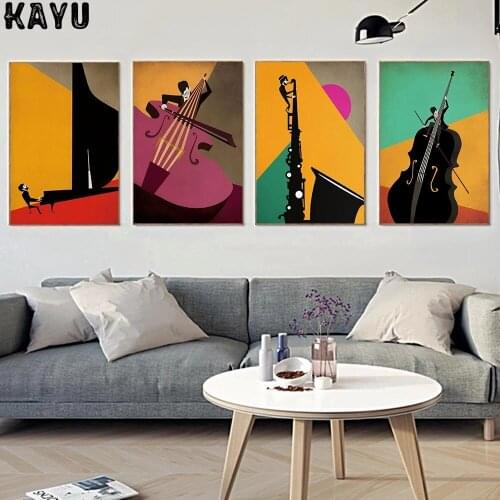 Abstract Jazz Music Poster and Print Trumpeter Violin Piano Show Canvas Painting Modern Wall Pictures for Living Room Home Decor