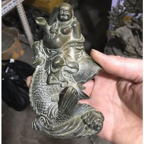 Free Shipping 12 cm Auspicious Fich fish Maitreya Buddha Chinese Old Bronze Statue