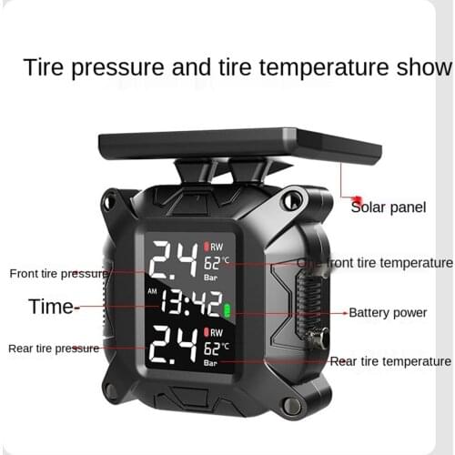 Wireless Solar Tire Pressure Monitoring System with 2 TH/WI Tmps Sensor IPX67 0-8.8 Bar / 0-127 PSI for Motorcycle RV Trailer
