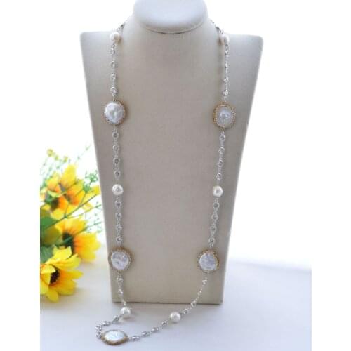 P7696 34"~50" 25mm White Coin & Edison Pearl CZ Chain Yellow Gold-Plating Necklace