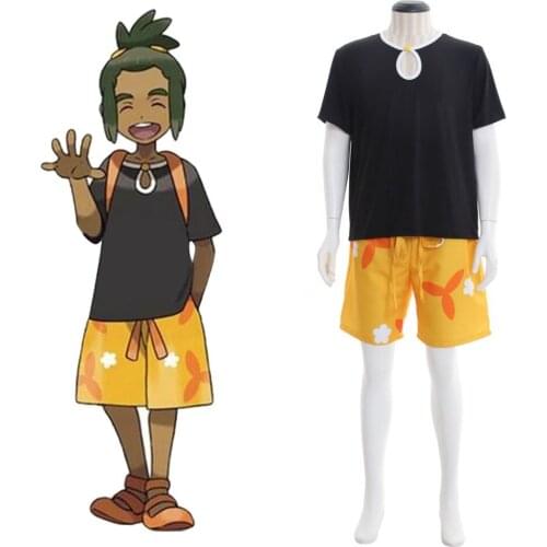 Cosplaydiy Anine Pocket Monsters Hau Cosplay Costume Adult Mens Boys Summer Cosplay T-Shirt Shorts Sets L320