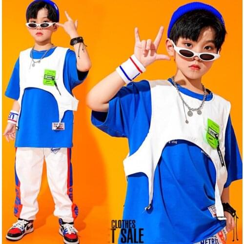 Kids Hip Hop Clothing Blue Tshirt Tops Streetwear Cargo Pants For Girls Boys Carnival Modern Jazz Dance Wear Costume Clothes