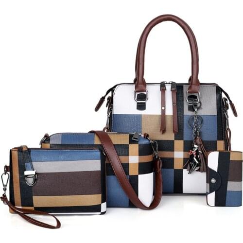 Plaid Pattern Handbags 4 Sets Women Leather Purse and Handbag Female Tassel Shoulder Bag Women Crossbody Bag