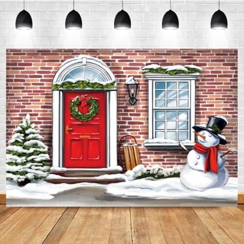 Laeacco Cartoon Outdoor Christmas Background Red Brick Wall Snowman Room Decor Birthday Photographic Photo Backdrop