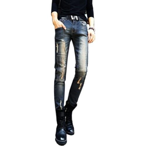 New Mens fashion casual holes patch ripped skinny jeans Male slim denim pencil pants Korean style long trousers