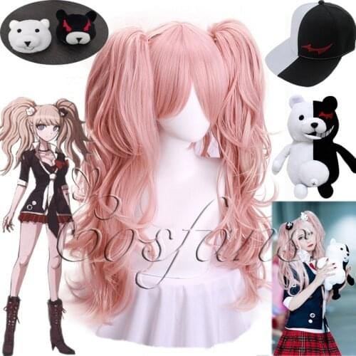 Dangan Ronpa Danganronpa Enoshima Junko Cosplay Wig Pink Long Wavy with Ponytail Clip Heat Resistant Wig Bear Hairpins Bear Toy