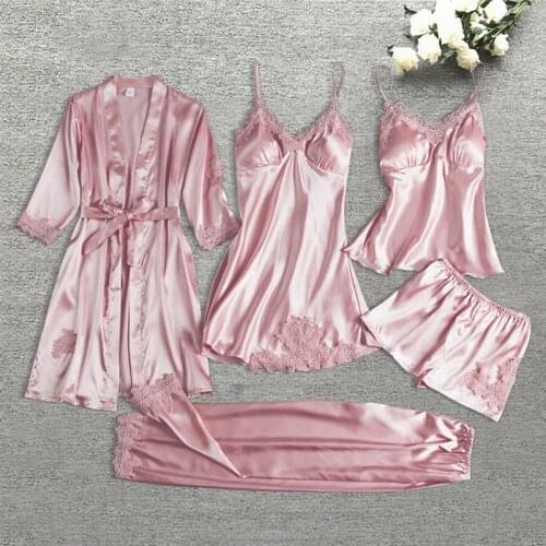 Silk Robe Sleep Suit Womens Lace Satin Pajamas Gown Set V-neck Cami Nighties Wear Pijama Home Nightwear Spring Nightdress