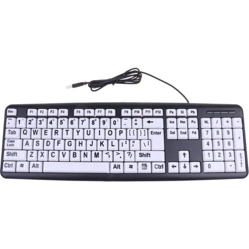 USB Wired PC Computer Gaming Mechanical Keyboard High Contrast Large Print White Keys Black Letter for Old People