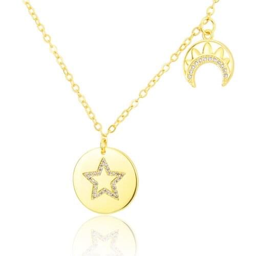 WTLTC Polish CZ Crystal Moon Star Coin Pedant Necklaces Personal Round Disc Initial Necklace Medallion Charm Choker for Women