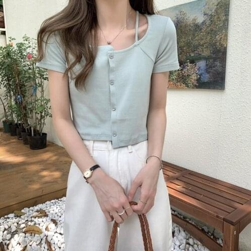Summer Solid Kawaii Blouse Tops Women Korean Designer Fit Chic Casual Sweet Blouse Shirt O-Neck Asymmetric Outing Y2k Tops