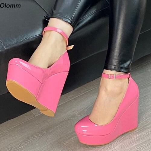 Olomm New Arrival Handmade Women Summer Shiny Pumps Ankle Strap Sexy Wedges Heels Round Toe Black Dress Shoes Size 35-52