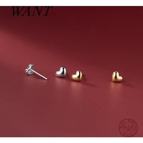 WANTME Genuine 925 Sterling Silver Minimalist Korean Romantic Love Heart Glossy Stud Earrings for Women Birthday Jewelry Gift