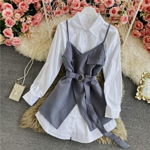 Elegant Two Piece Set For Women Turn-down Collar Sleeve Shirt Long sleeve Sling dress Casual Sets Female 2021 spring