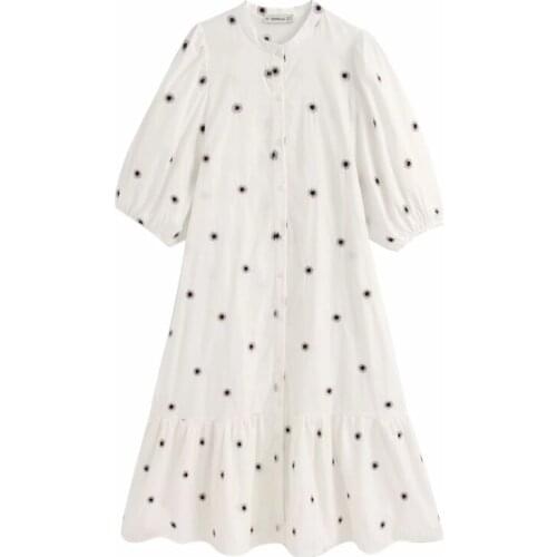 2020 New Fashion Women Flower Embroidery Puff Sleeve White Midi Dress Casual Lady Stand Collar Loose Dresses D5113