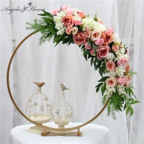 Gold ring metal arch party wedding backdrop decor table centerpiece set flower stand with artificial flower arrangement peonies