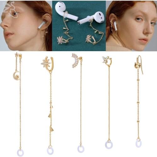 ZS 2pcs/lot Bluetooth Earphone Earrings Tassel Drop Ear Clip CZ Crystal Chain Pendant Anti-lost Earring Moon Butterfly Ear Studs