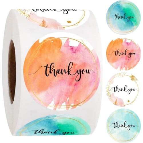 500pcs/roll 4 kinds of watercolor thank you stickers, used for party gifts, notebooks, diaries, childrens stationery decoration