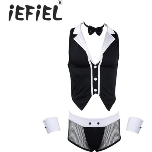 Gay Mens Sexy Maid Role Play Costume Outfits Tops Boxer Underwear with Collar Handcuffs Lingerie Cosplay Dress Up Party Set
