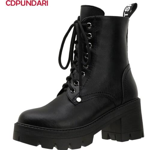 Ladies Black Genuine Leather High Heels Platform Ankle Boots Women Autumn Winter Martin Short Boots Shoes Bottes Plateforme