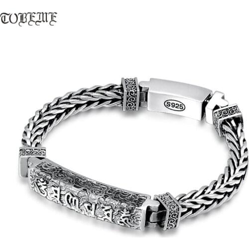 Handmade 925 Silver Tibetan Bracelet Tibetan Six Words Lucky Bracelet Vintage Sterling Silver Buddhist OM Mantra Bracelet