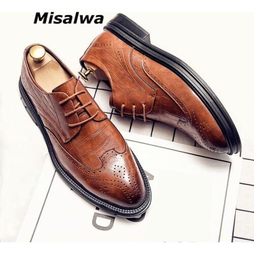 Men Brogue Business Shoes Misalwa Oxford Men Wedding Shoes Crocodile Pattern Dress Shoes Spring Autumn