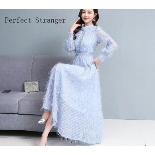 Bohemian Style Plus Size M-3XL Elegant Stand Collar Tassel Stand Collar Long Sleeve High Quality Chiffon Long Dress