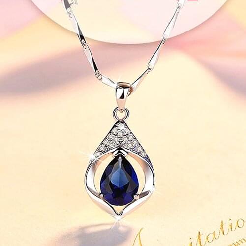 Classical sapphire gemstones blue crystal pendant necklaces for women diamond white gold silver color choker jewelry bijoux gift