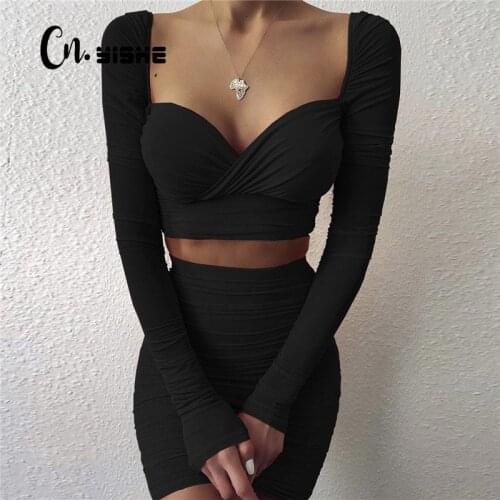 CNYISHE Winter 2020 Two Piece Sets Elegant Crop Top and Mini Skirts Suits Womens Tracksuit Solid Office Lady Matching Set Suit