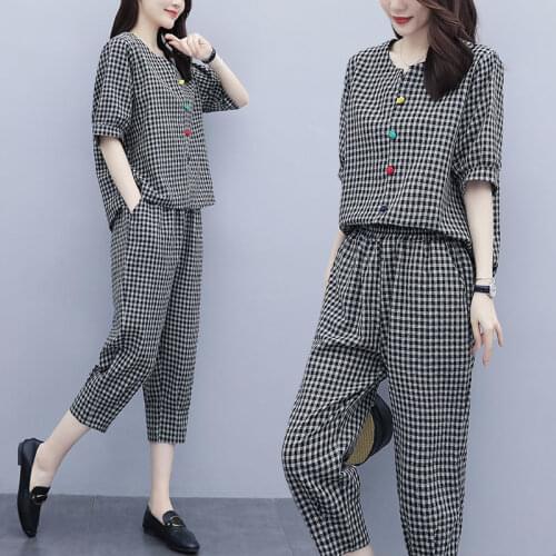 2021 Summer Printed 2 Piece Sets Womens Outfits Ladies Top Plus Size Pants Suits Cotton Linen Tracksuit Women Clothing Y104