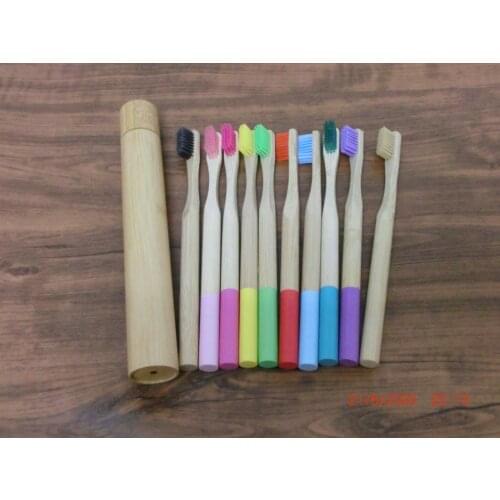 Rainbow Toothbrush +1pc Bamboo Tube Eco Friendly Natural Bamboo round Toothbrush Travel Case Soft Head Teeth Brush 2pc set