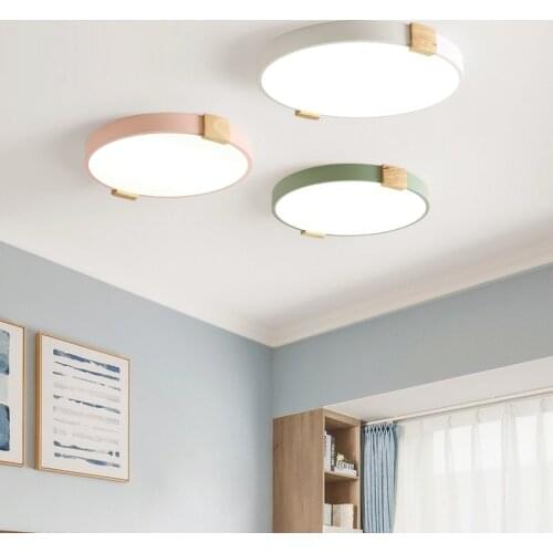 Nordic Macaron Master Bedroom LED Ceiling Lamp Creative Round Iron Study Lights with Wood for Living Room Childrens Bedroom