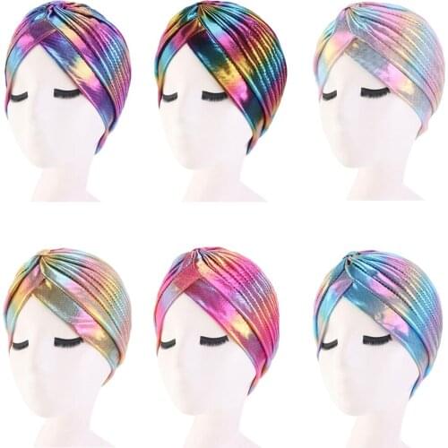 New Women Stretchy Hat Turban Muslim Beanies Skullies Head Wrap Bonnet Chemo Bandana Pleated Indian Cap Glitter Hair Loss Hat