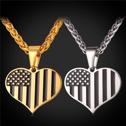 New Valentines Day Gift Heart Necklace Enamel Stainless Steel Gold Color US National Flag Pendant For Men Collier 2017 GP2449