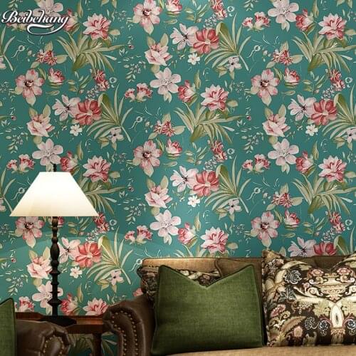 Beibehang Cottage Blue Green Pastoral Nonwovens Wallpaper Retro Flower Background Wall Bedroom Living Room Wallpaper